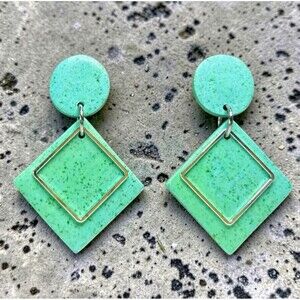 Handmade Green Flecked Large Dangle Polymer Clay Earrings Stainless Steel Posts